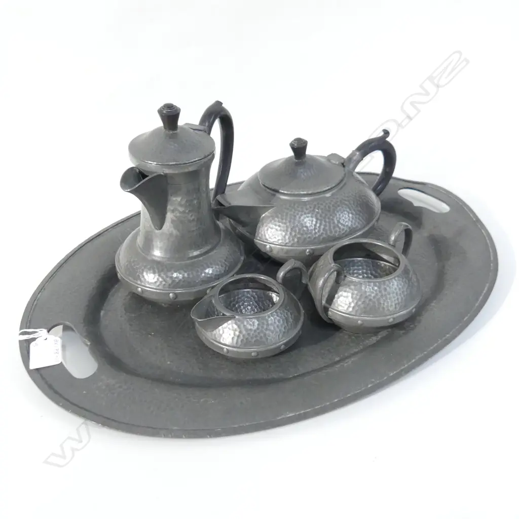 LG VINTAGE PEWTER TEA SET; TRAY (L510MM) TEAPOT, COFFEE POT, SUGAR BOWL & MILK JUG Image 1++