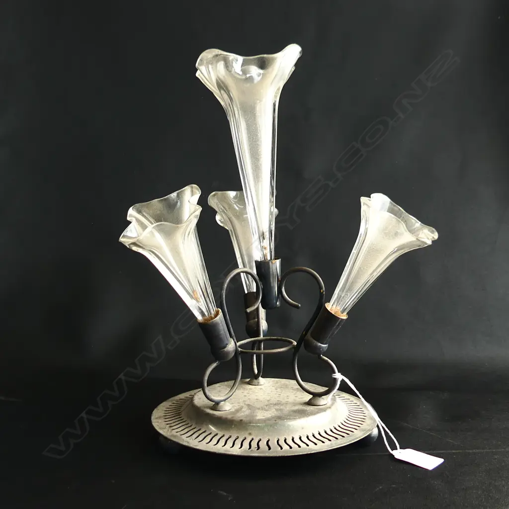 SILVER PLATE & CLEAR GLASS 4 HORN EPERGNE H.300mm Image 1++