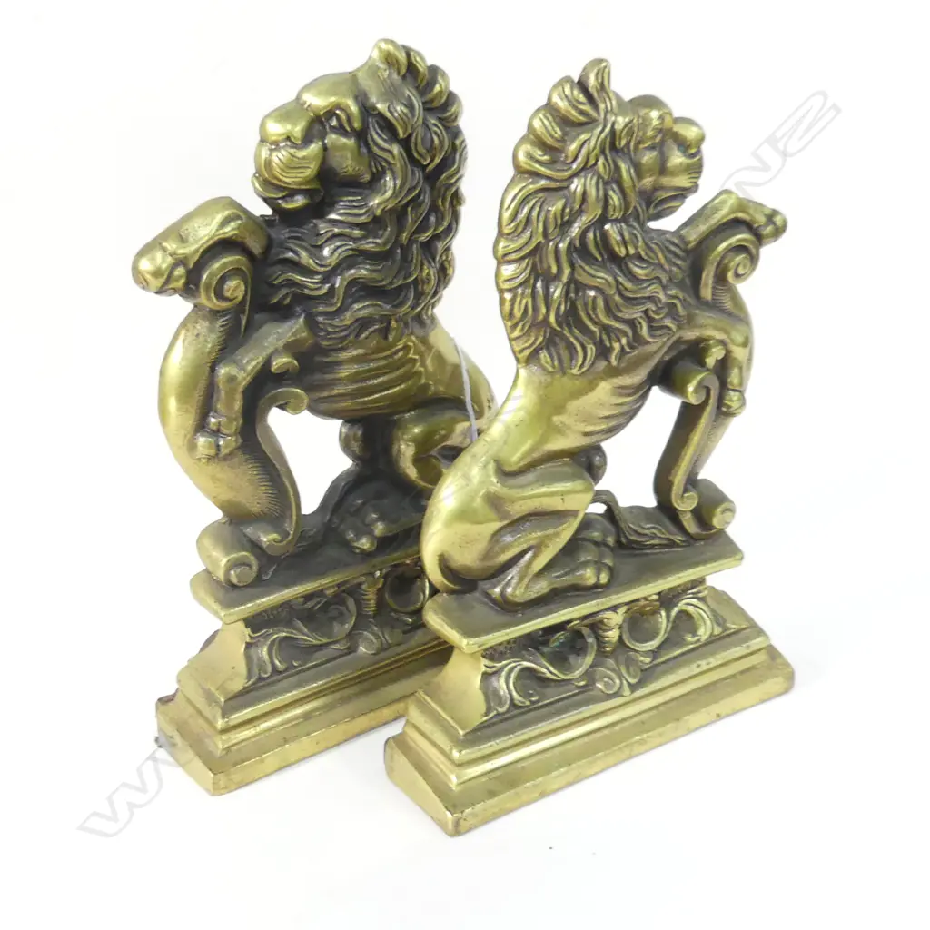PR BRASS LION FIRE DOGS w. CAST IRON WEIGHTED BASES H.325mm Image 1++