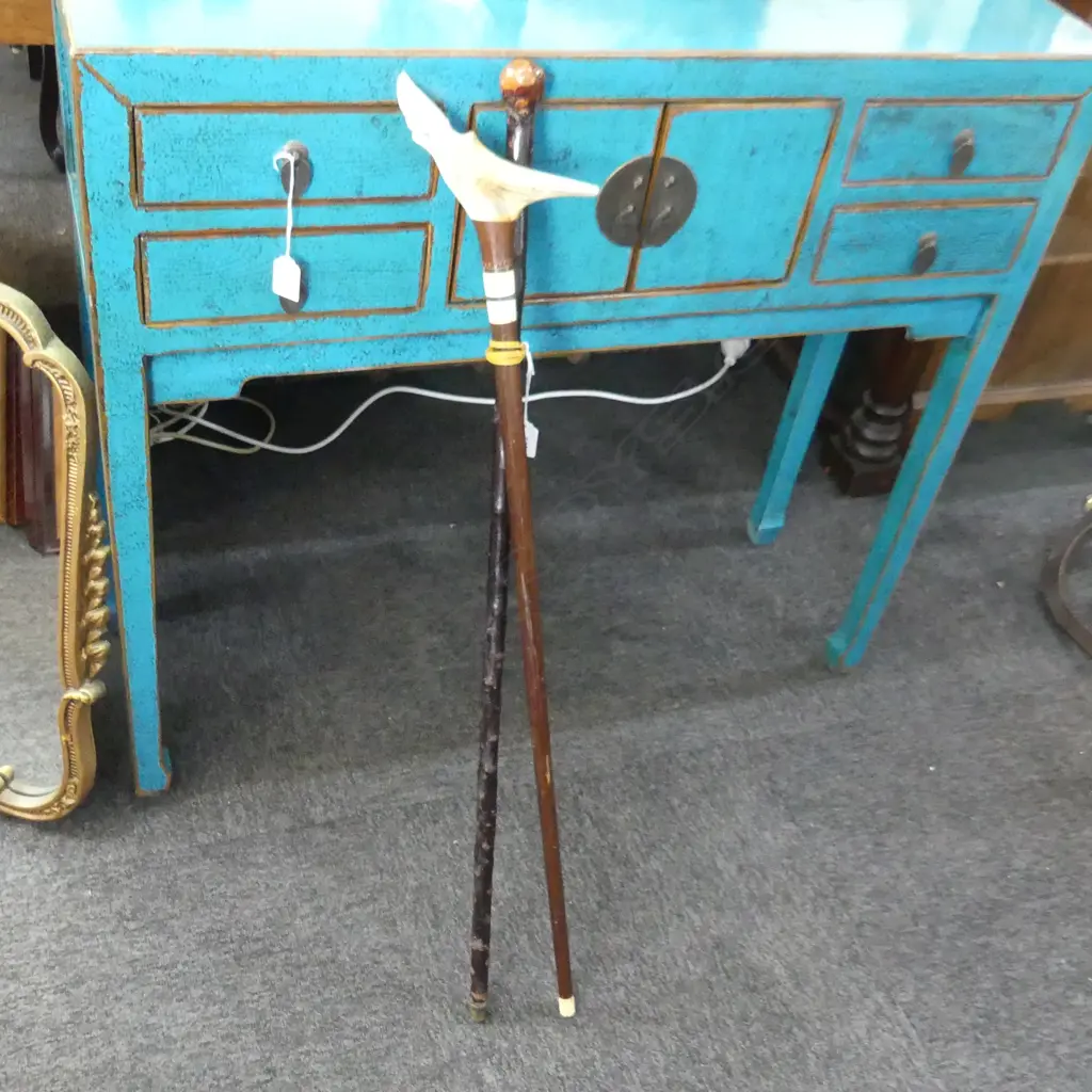 2 VINTAGE WALKING STICKS; 1 WITH CARVED BONE BIRD  Image 1++