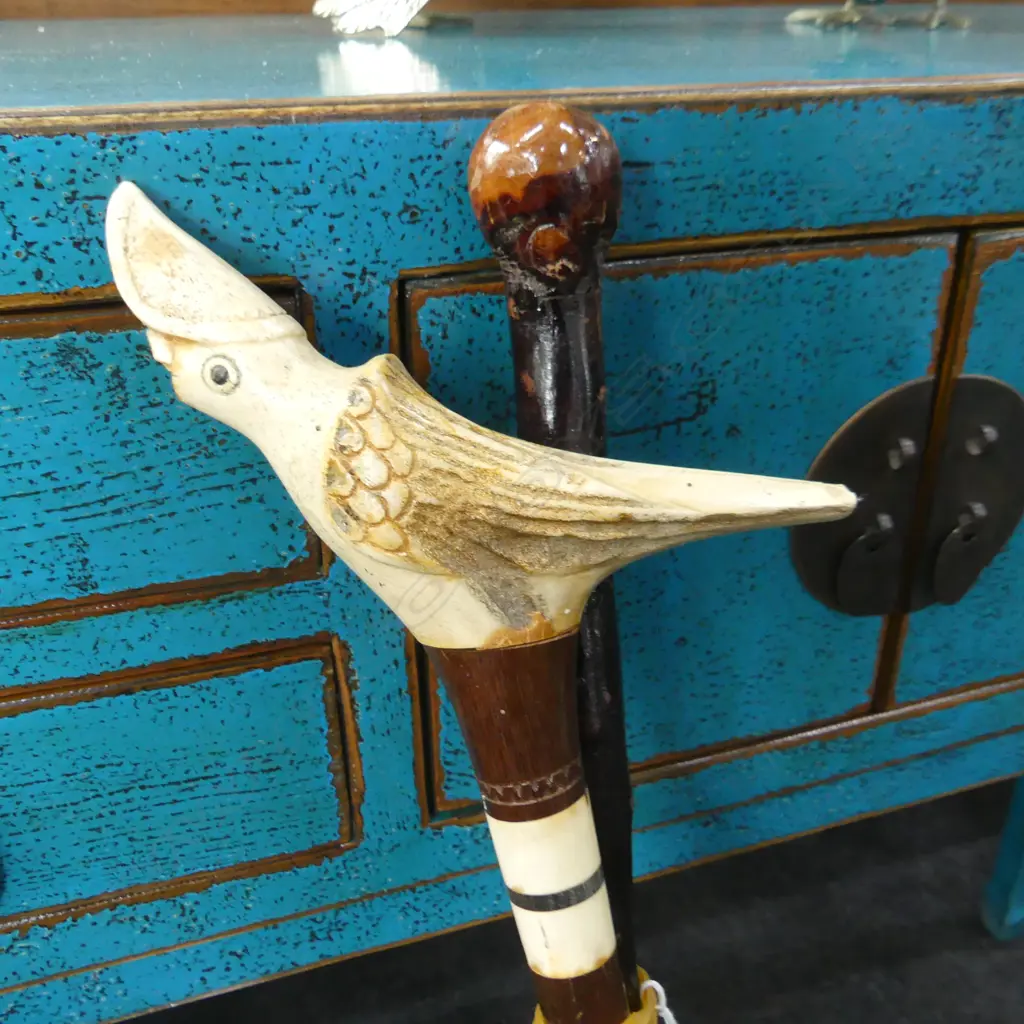 2 VINTAGE WALKING STICKS; 1 WITH CARVED BONE BIRD  Image 1++