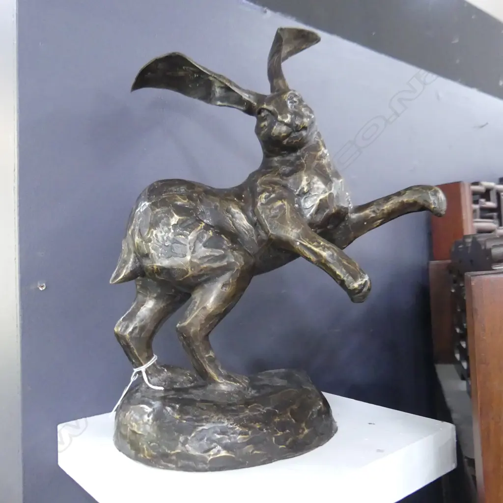 BRONZE STANDING HARE ON PEDESTAL BASE H. 400MM Image 1++