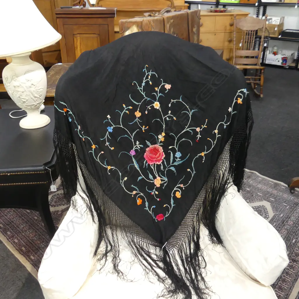 BLACK SILK SHAWL; EMBROIDERED & FRINGED Image 1++