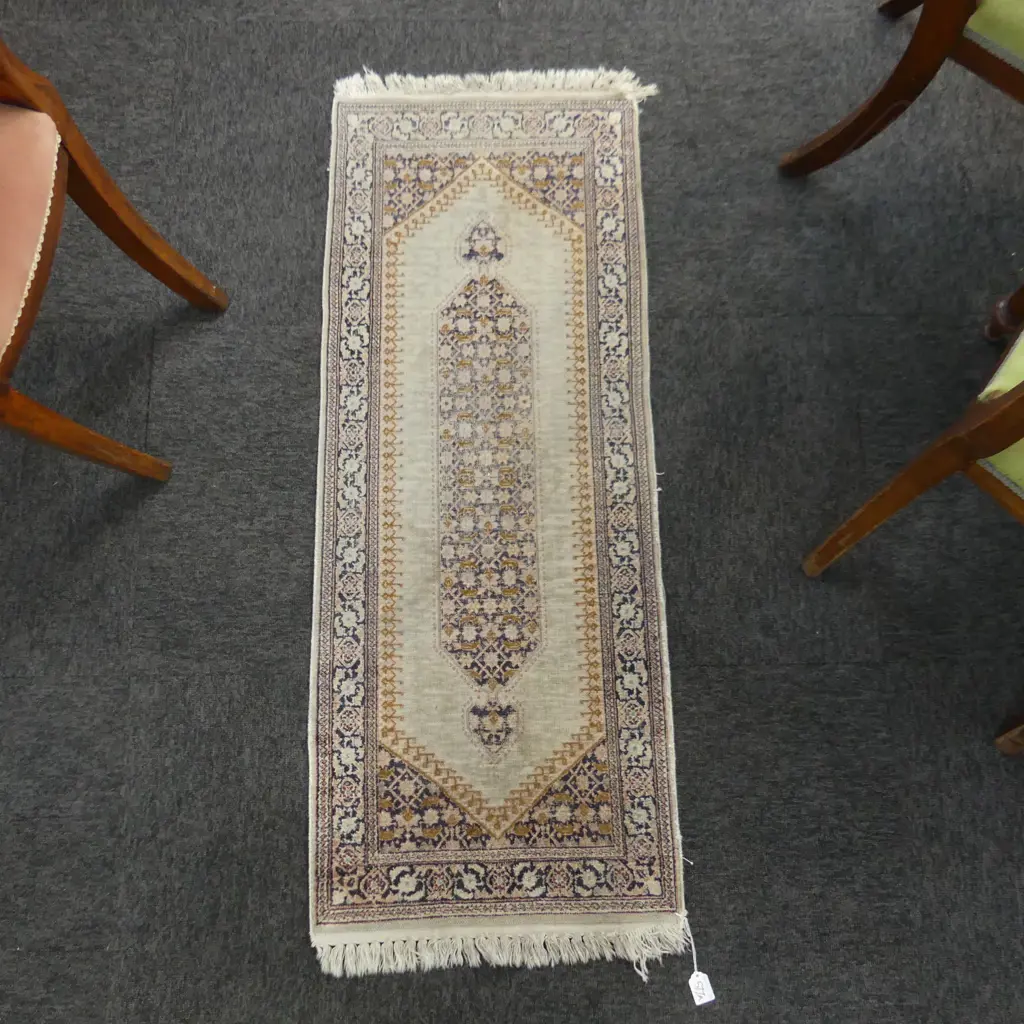 SML HAND KNOTTED SILK? / WOOL RUG (worn) 1200x470mm Image 1++