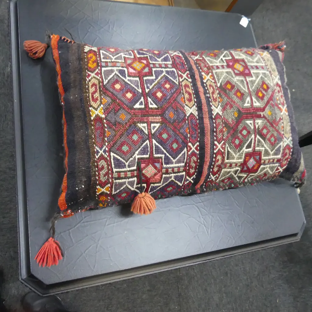 VINTAGE KELIM PILLOW geometric face & striped back Image 1++