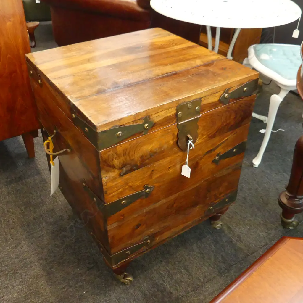 LG TEAK TREASURE CHEST / CUBE TRUNK - BRASS LEGS & CASTORS 480 SQ H. 630MM Image 1++
