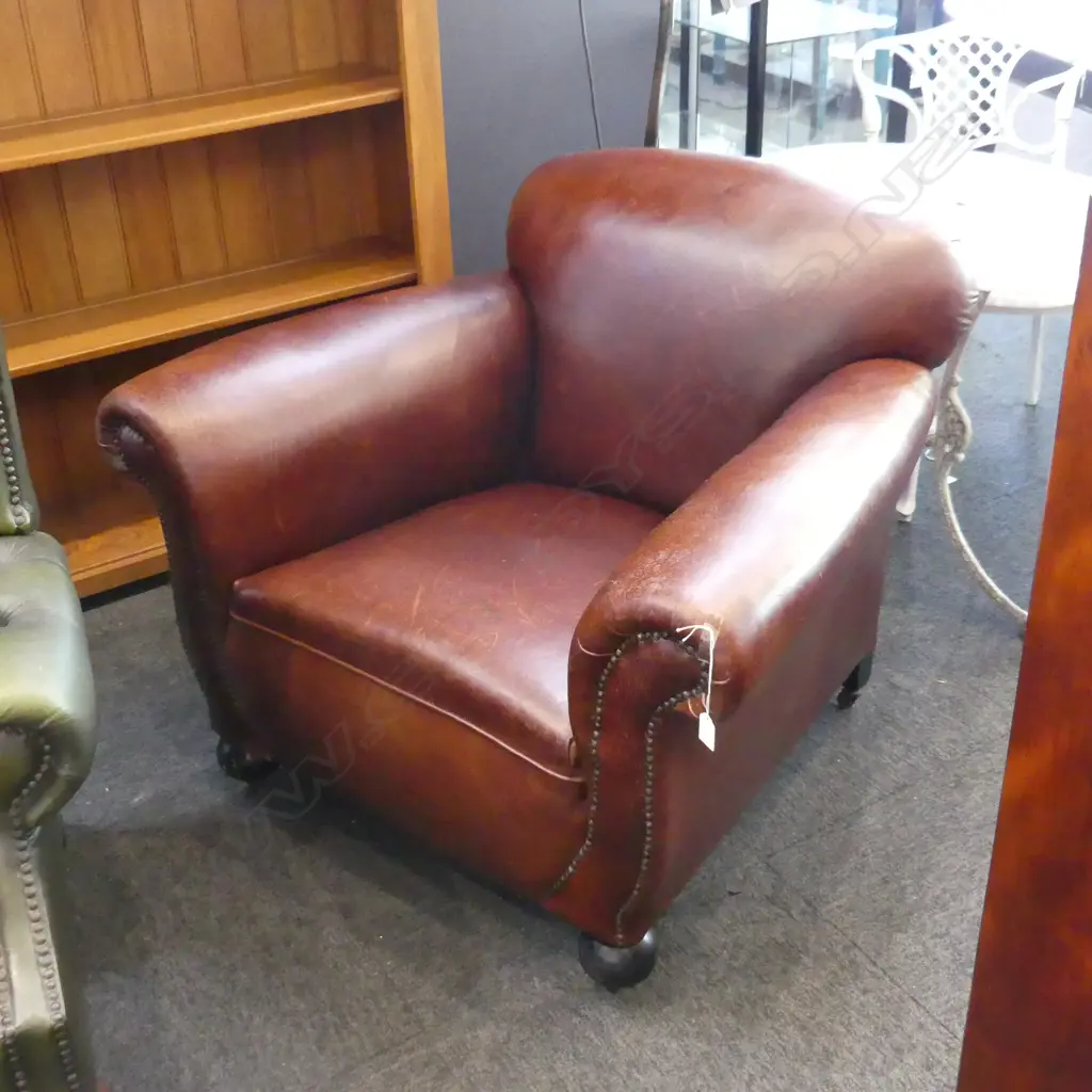 VINTAGE BROWN LEATHER ROLL ARM CHAIR - WHEELS ON BACK LEGS Image 1++