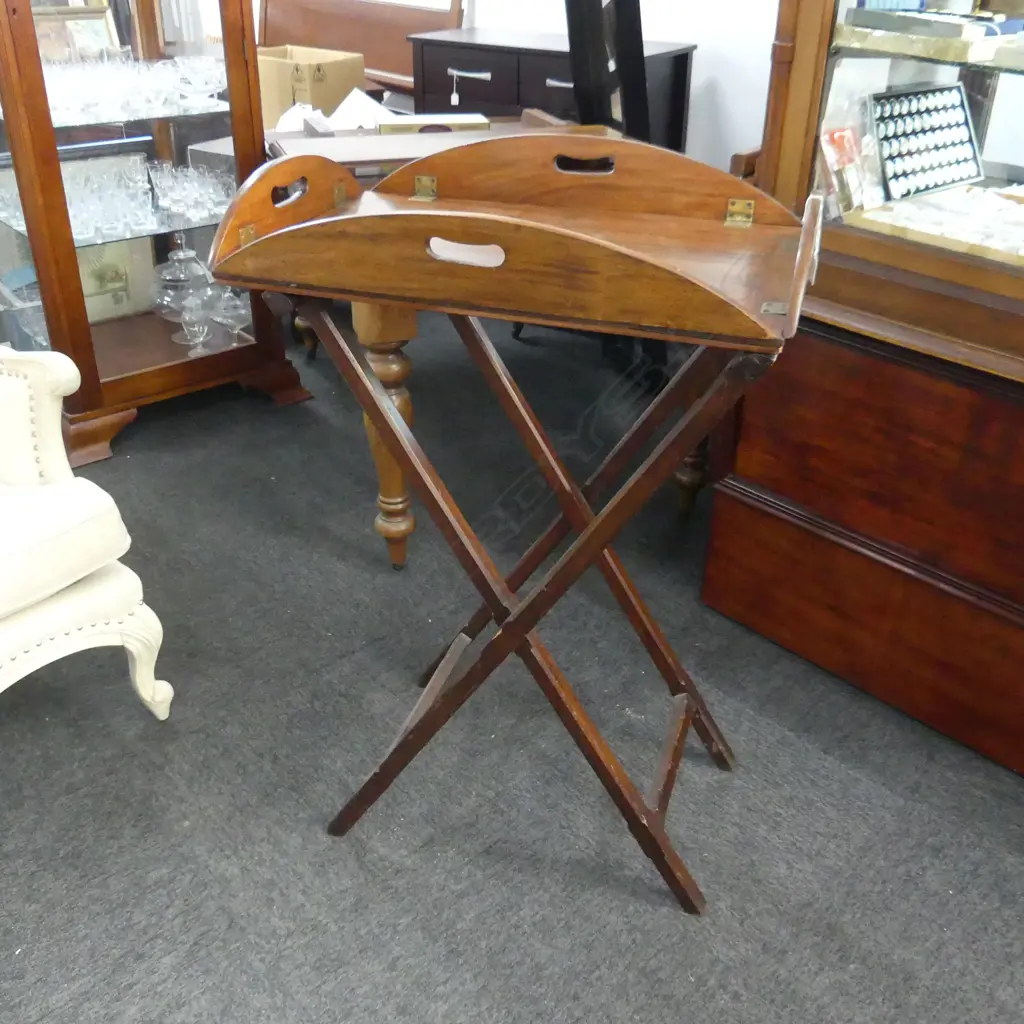 TALL MAHOGANY ANTIQUE BUTLERS TRAY ON LATER FOLDING STAND 480 X 715 X H 1100MM Image 1++