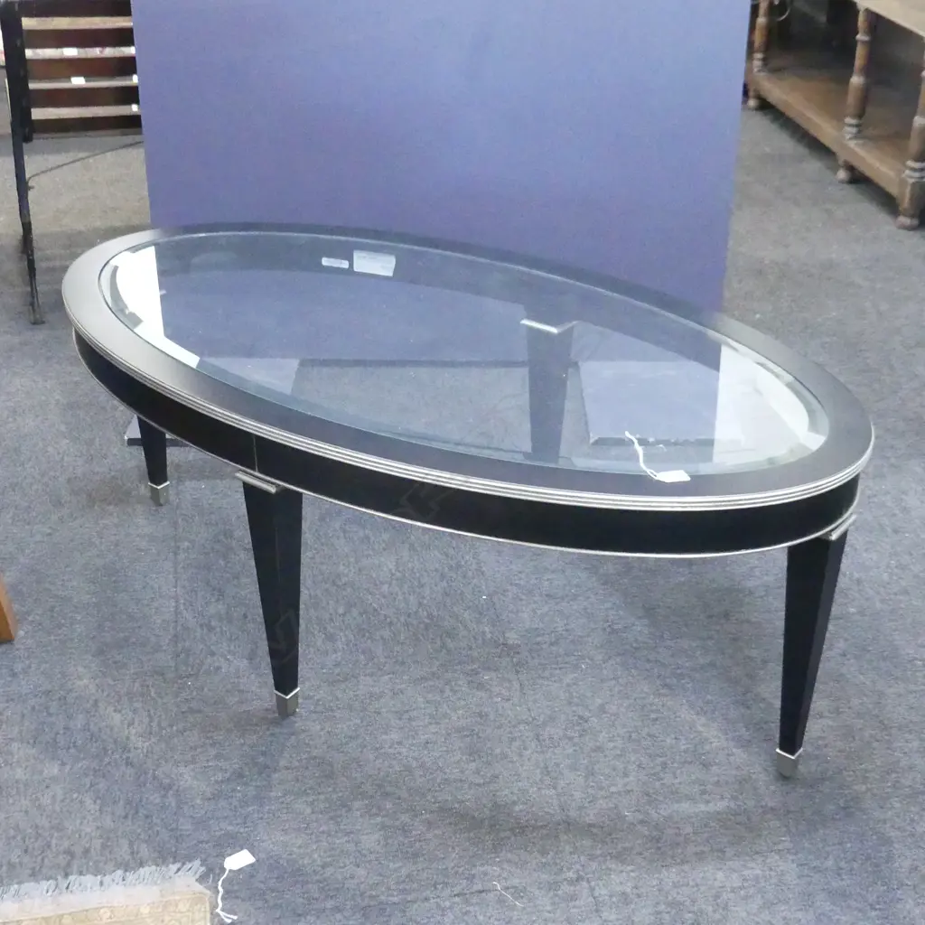 CONTEMPORARY ETHAN ALLEN EBONISED OVAL COFFEE TABLE - GLASS TOP 1320x715x490mm Image 1++