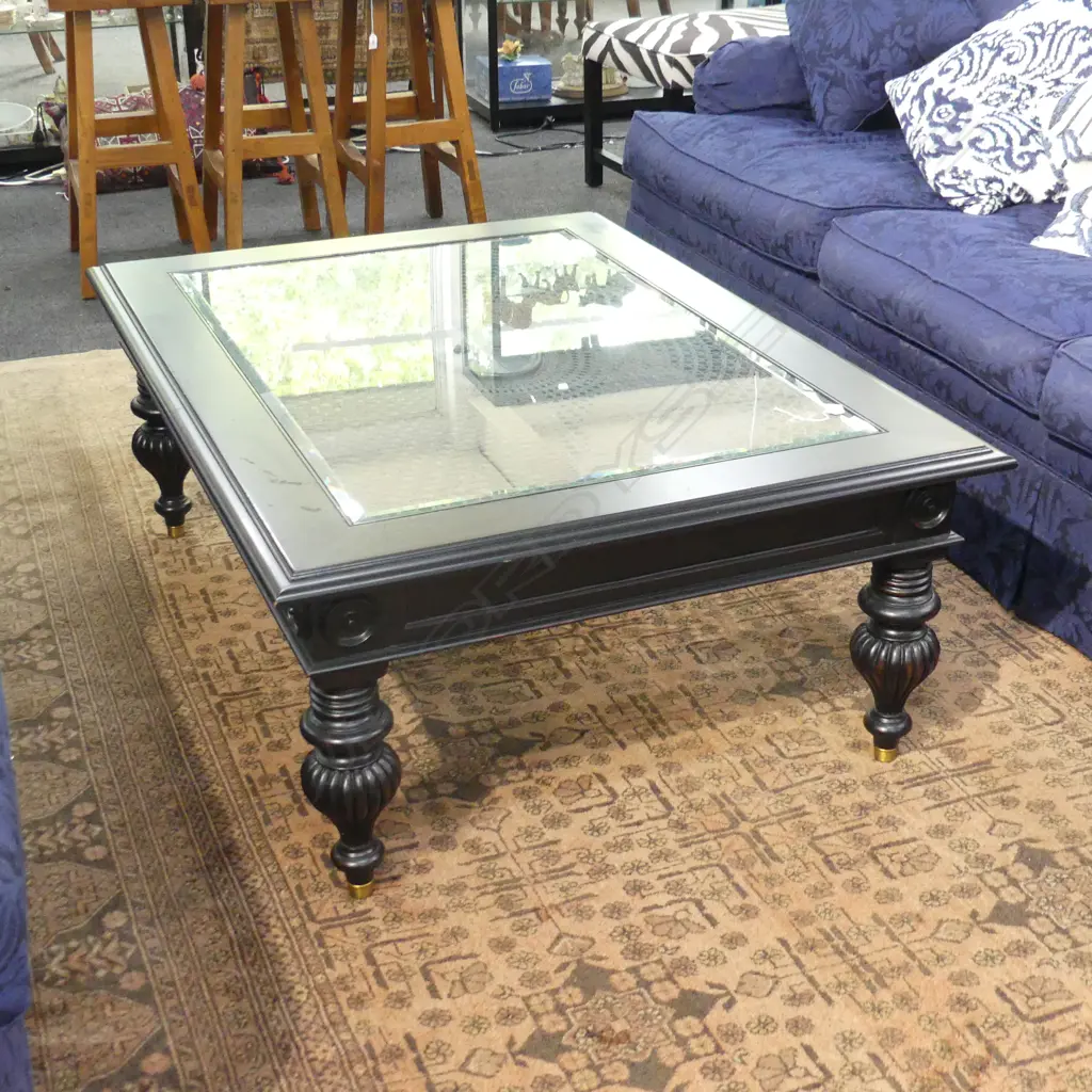 ETHAN ALLEN EBONISED COFFEE TABLE w. GLASS TOP INLAY 1240x915x465mm Image 1++