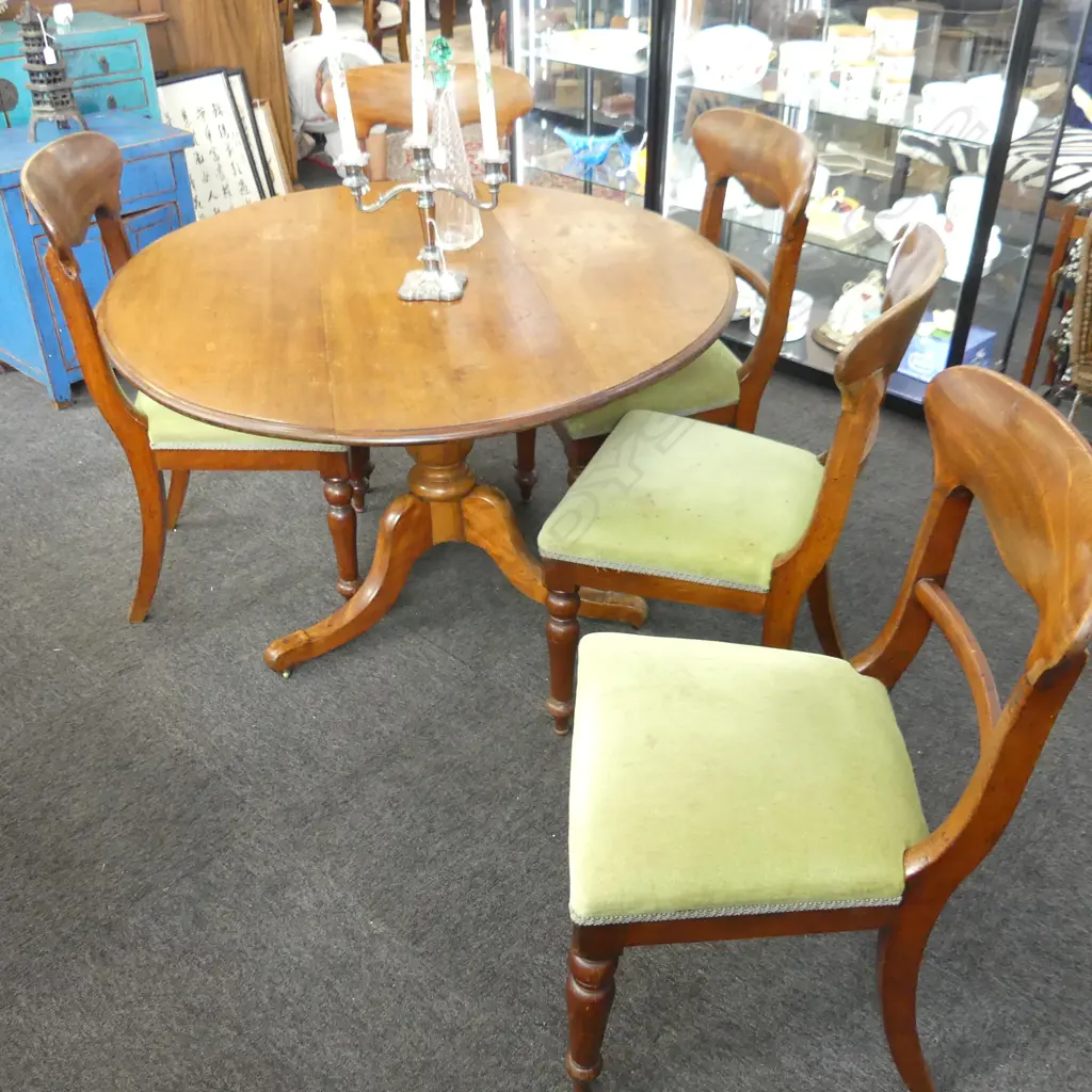 5 ANTIQUE BLADE BACK DINING CHAIRS w. GREEN VELVET UPHOLSTERY Image 1++