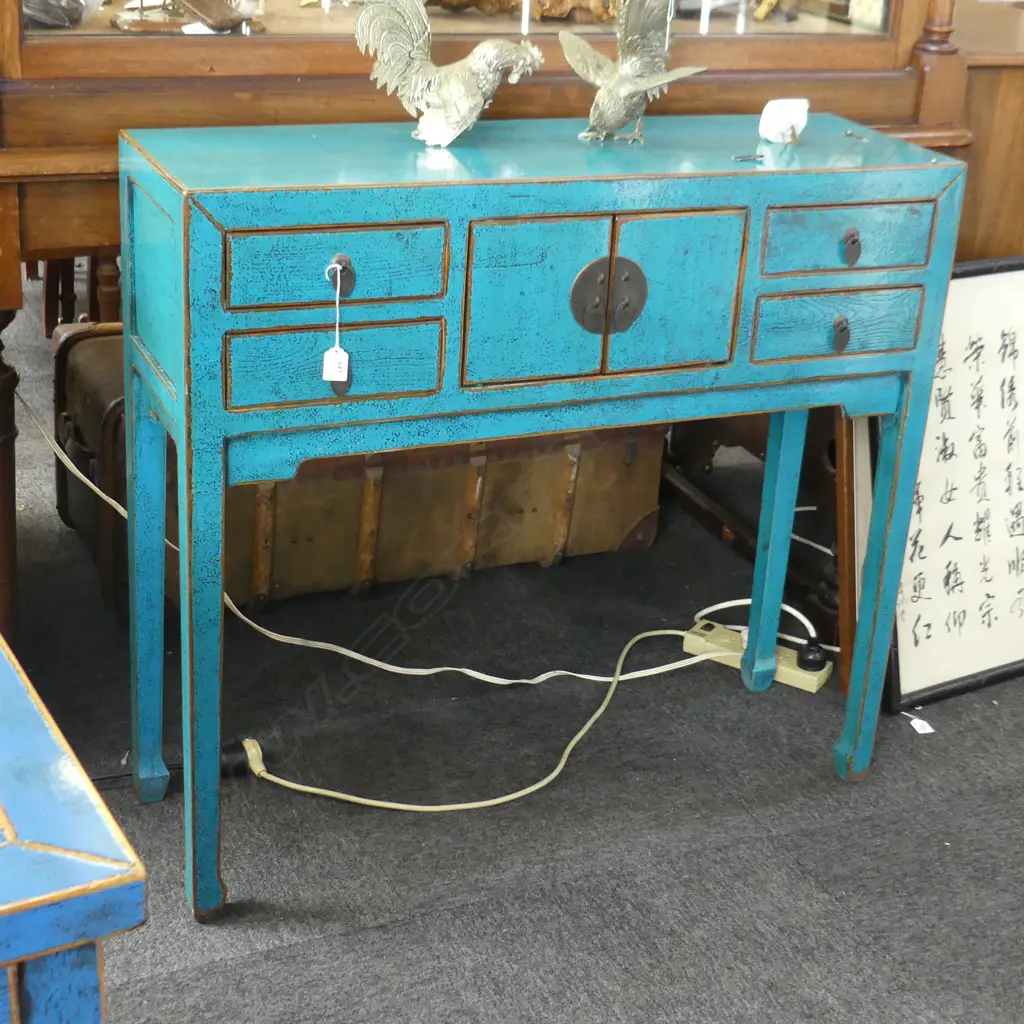 TEAL PAINTED HALL TABLE 940x300x855mm Image 1++