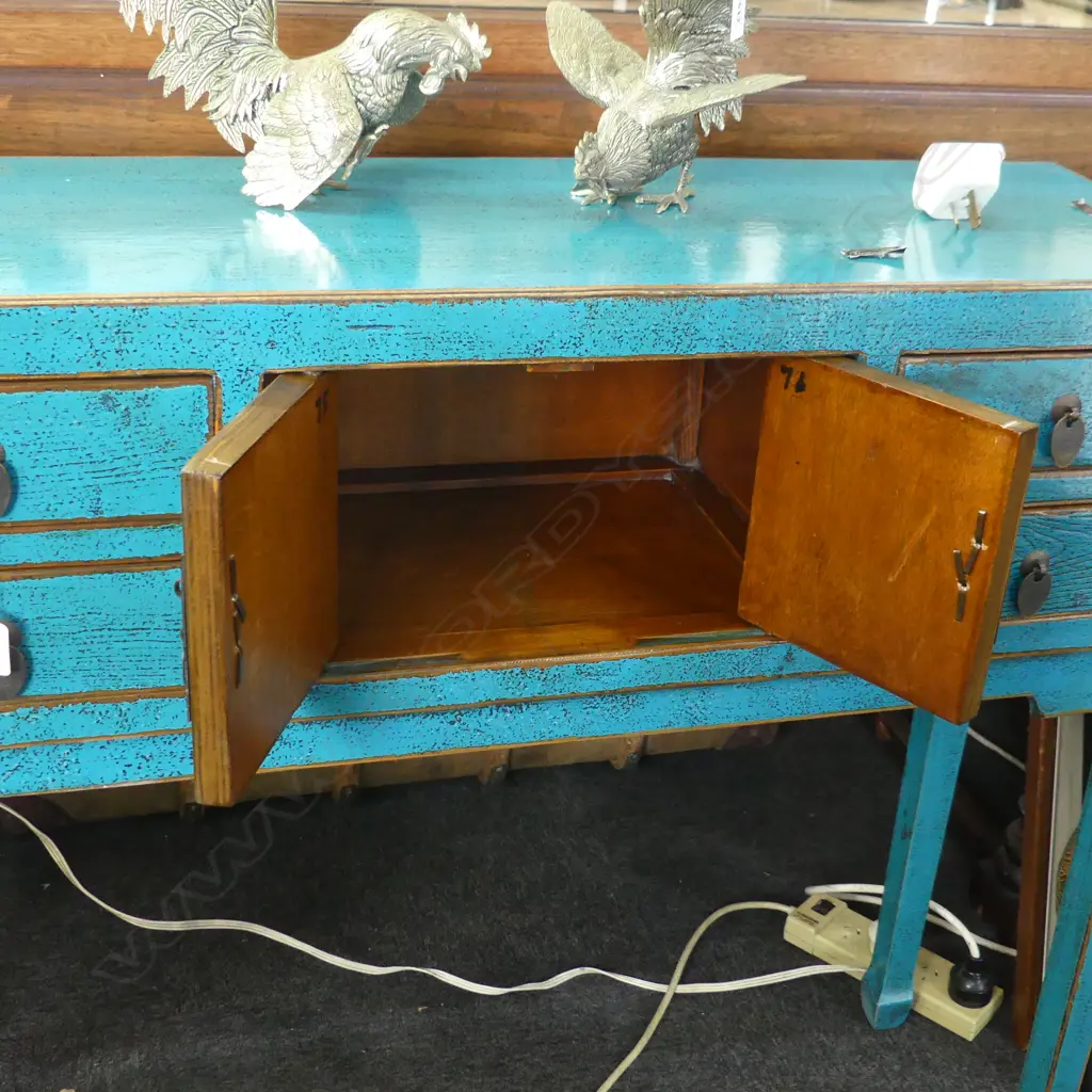TEAL PAINTED HALL TABLE 940x300x855mm Image 1++