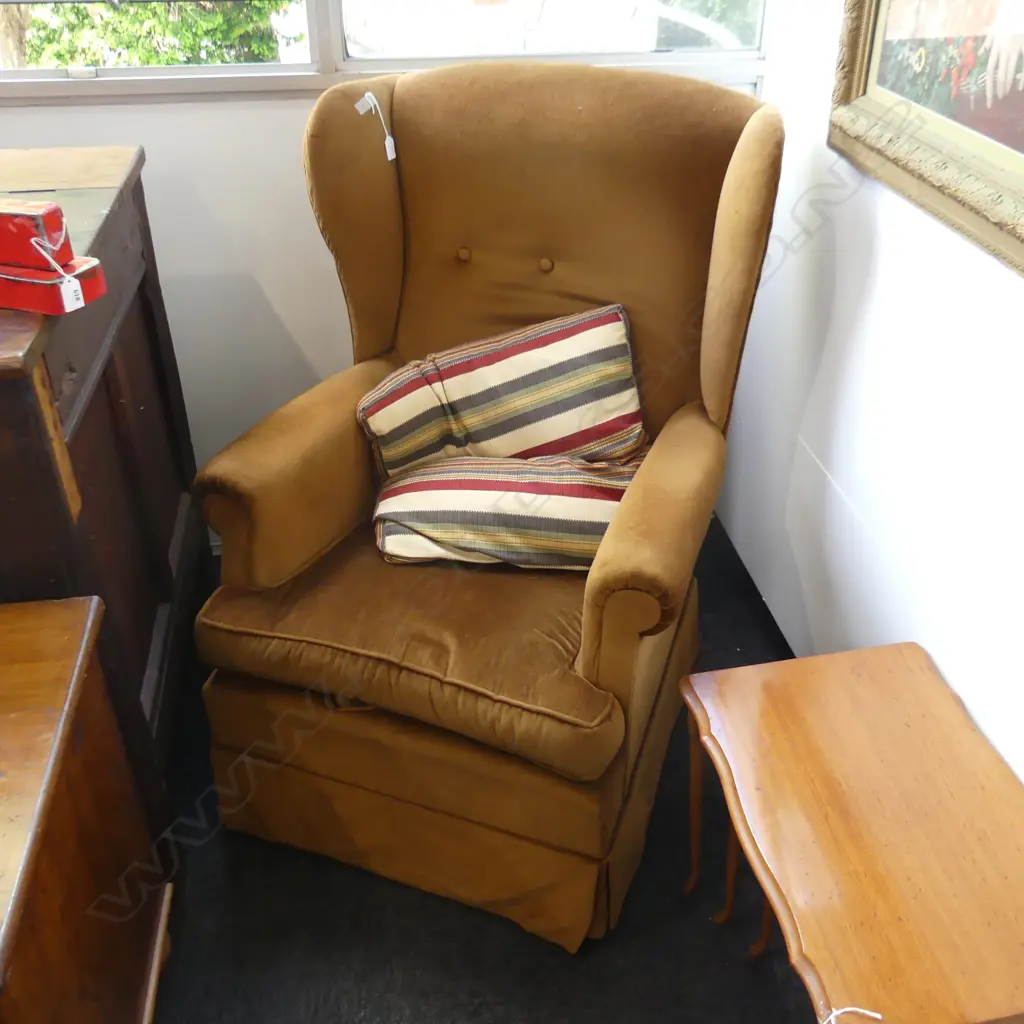 WING BACK PLATFORM ROCKER IN DARK TAN VELVET WITH CUSHION Image 1++