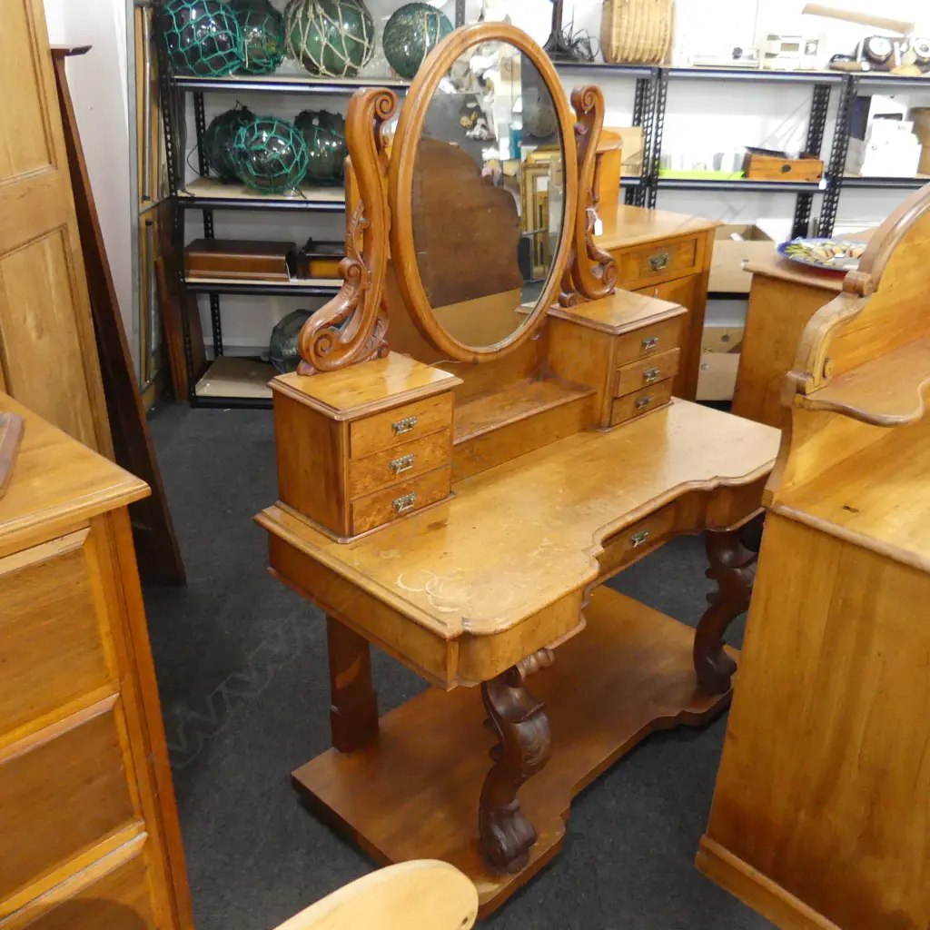 COLONIAL LATE 19thC DRESSING TABLE ON PLATFORM BASE / MOTTLED DRAW FRONTS 1220x590x1640mm Image 1++