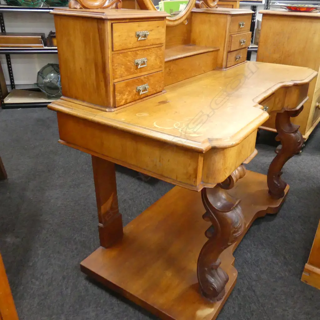 COLONIAL LATE 19thC DRESSING TABLE ON PLATFORM BASE / MOTTLED DRAW FRONTS 1220x590x1640mm Image 1++