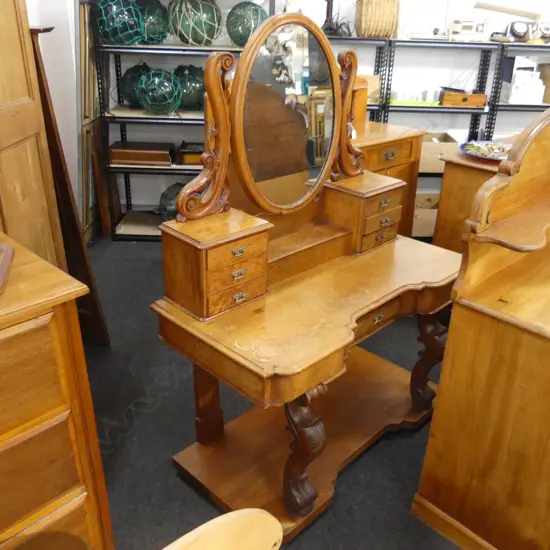 COLONIAL LATE 19thC DRESSING TABLE ON PLATFORM BASE / MOTTLED DRAW FRONTS 1220x590x1640mm