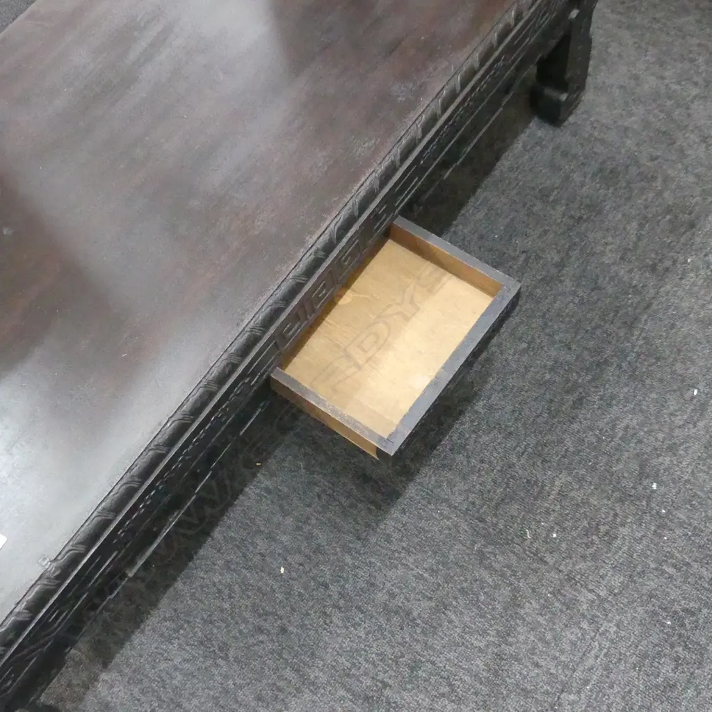 VINTAGE EBONISED ORIENTAL TEA TABLE w. SECRET DRAWER 1010x460x300mm Image 1++