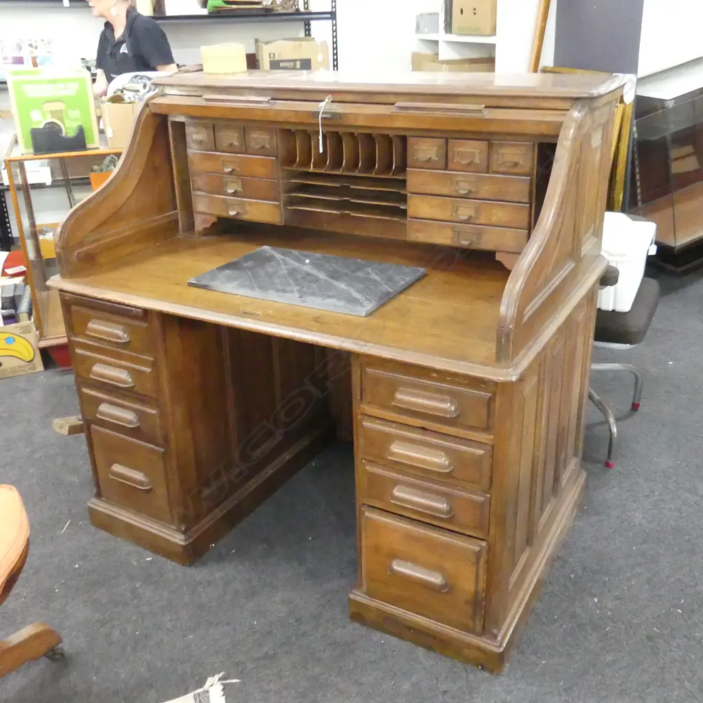 ANTIQUE TWIN PEDESTAL ROLL TOP DESK 1280x820x1235mm Image 1++