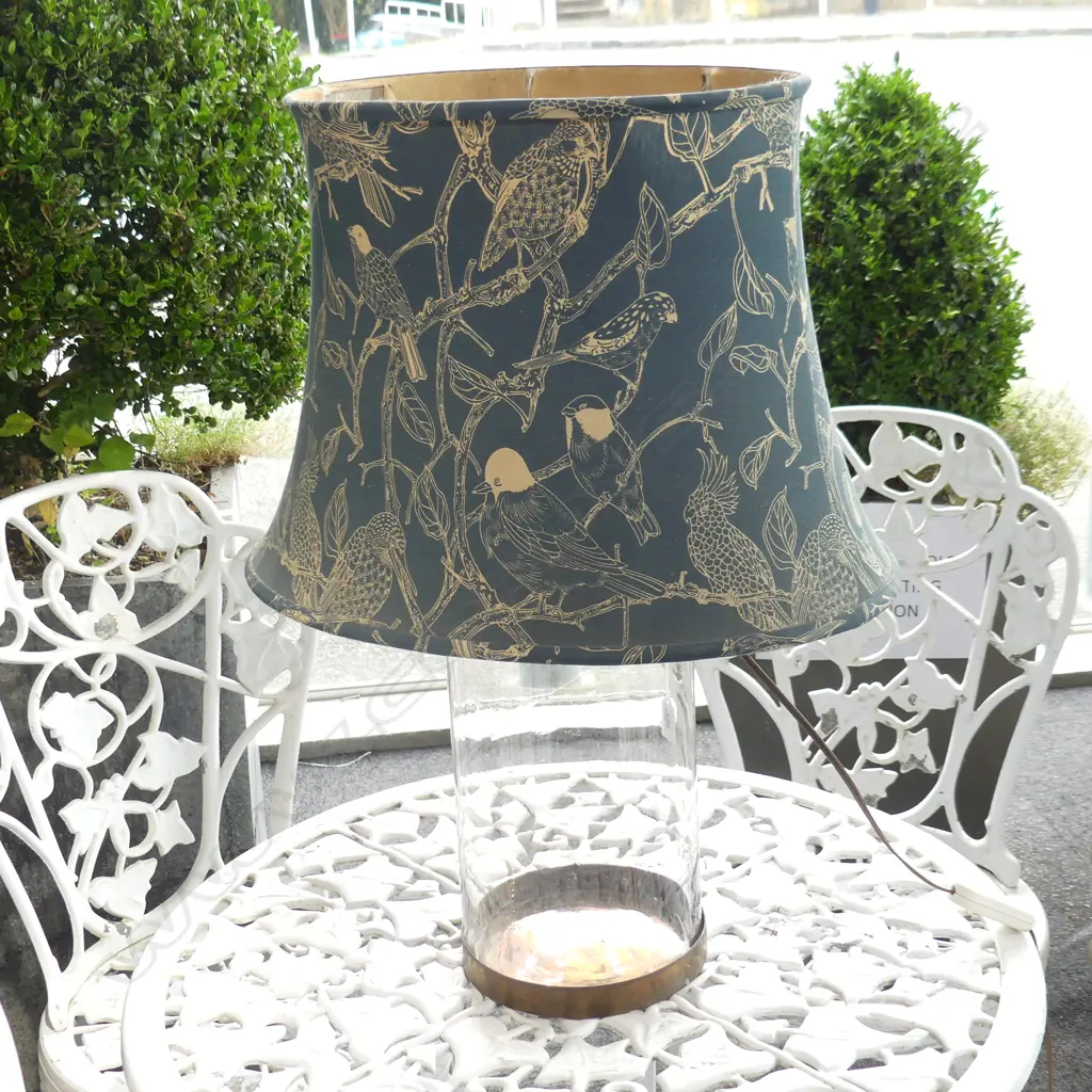 LAMP w GLASS BASE & GREEN BIRDS FABRIC SHADE H.630mm Image 1++