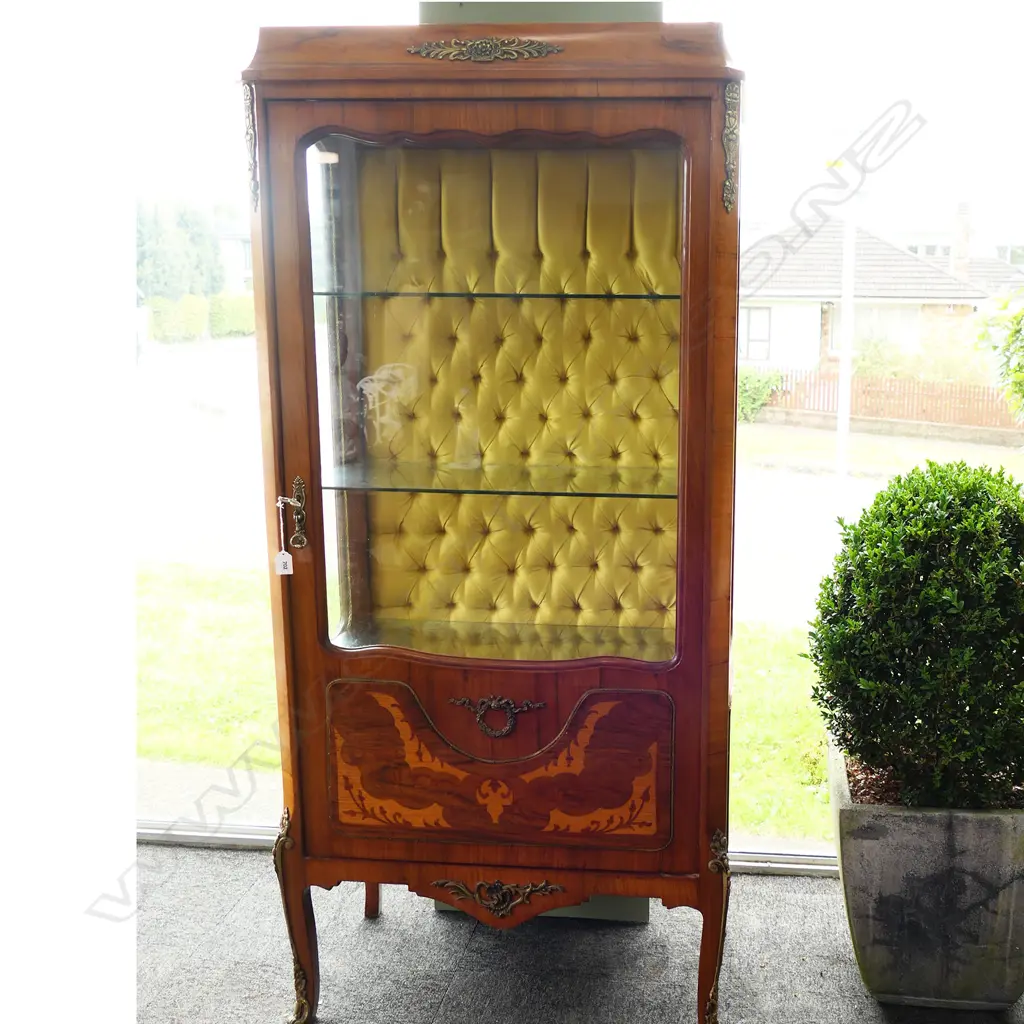 FRENCH STYLE VITRINE; ORMOLU & INLAY DETAIL, GREEN VELVET INTERIOR w. 3 GLASS SHELVES  Image 1++