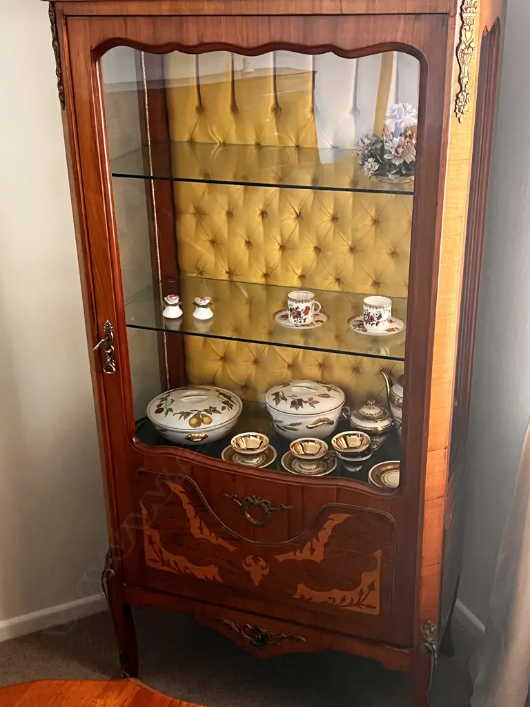FRENCH STYLE VITRINE; ORMOLU & INLAY DETAIL, GREEN VELVET INTERIOR w. 3 GLASS SHELVES  Image 1++