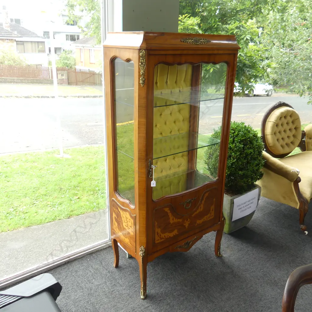FRENCH STYLE VITRINE; ORMOLU & INLAY DETAIL, GREEN VELVET INTERIOR w. 3 GLASS SHELVES  Image 1++