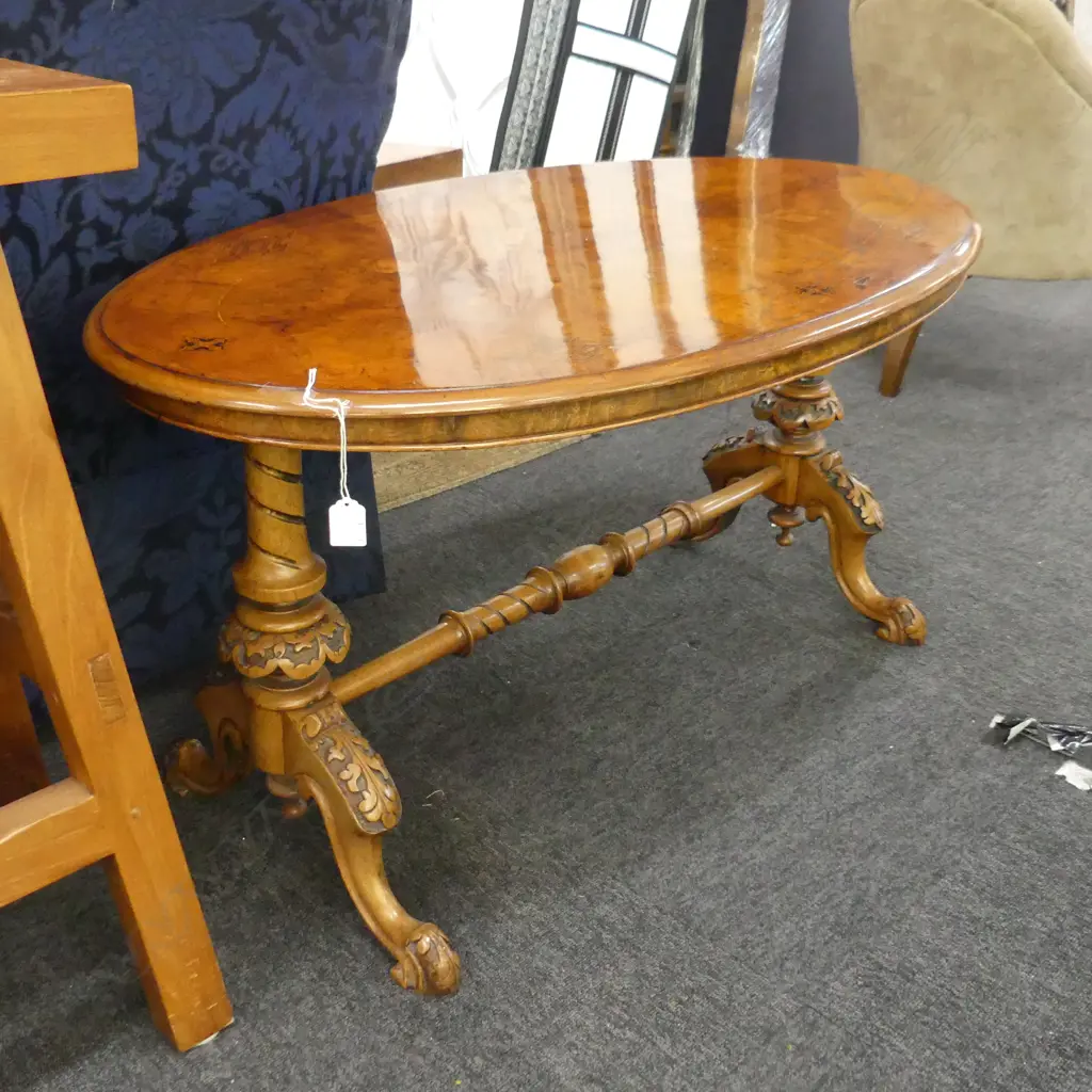 VICTORIAN WALNUT INLAID OCCASIONAL TABLE, CARVED LEGS  1200 X 600MM Image 1++