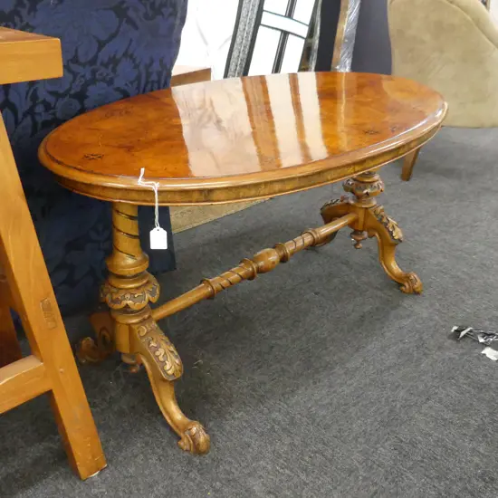 VICTORIAN WALNUT INLAID OCCASIONAL TABLE, CARVED LEGS  1200 X 600MM