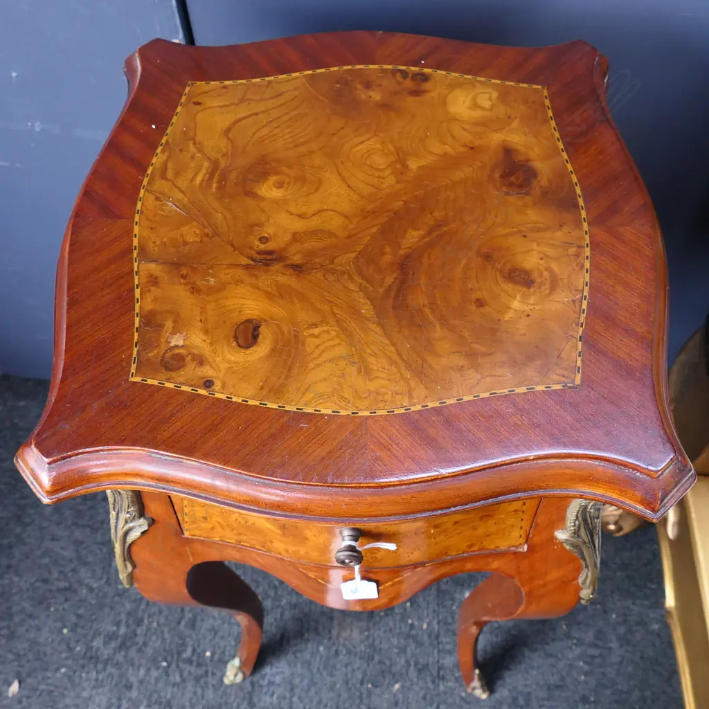 FRENCH STYLE SIDE TABLE; BURR INLAY & ORMOLU DETAIL 365x365x785mm Image 1++