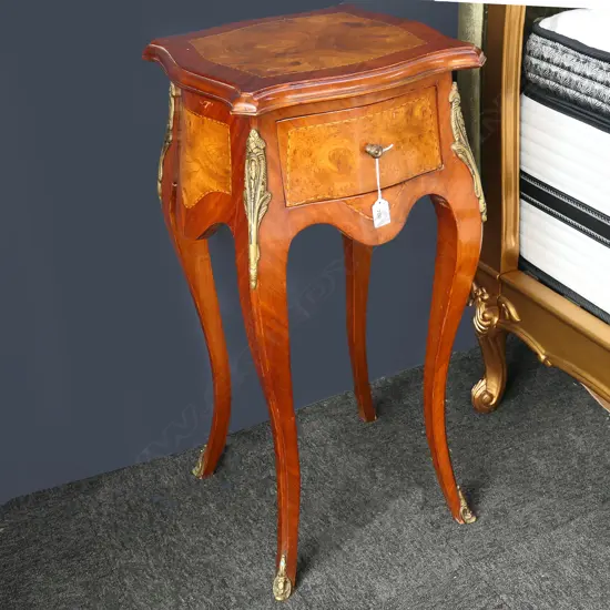 FRENCH STYLE SIDE TABLE; BURR INLAY & ORMOLU DETAIL 365x365x785mm