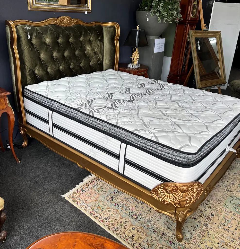 MODERN QUEEN SIZE BED w. GREEN VELVET & GOLD HEADBOARD + ‘BEAUTYREST ROYALE FIRM’ MATTRESS Image 1++