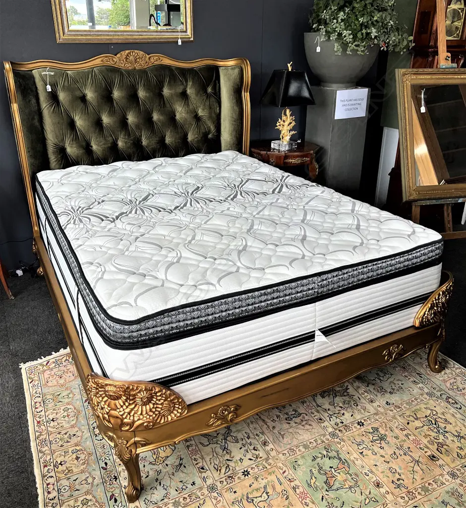 MODERN QUEEN SIZE BED w. GREEN VELVET & GOLD HEADBOARD + ‘BEAUTYREST ROYALE FIRM’ MATTRESS Image 1++