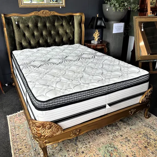 MODERN QUEEN SIZE BED w. GREEN VELVET & GOLD HEADBOARD + ‘BEAUTYREST ROYALE FIRM’ MATTRESS