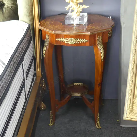 FRENCH STYLE SIDE TABLE; INLAY & ORMOLU DETAIL 570x570x750mm