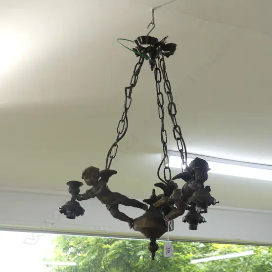 VINTAGE FRENCH HEAVY BRONZED METAL 3 ARM CHERUB LIGHT FITTING 500mm dia