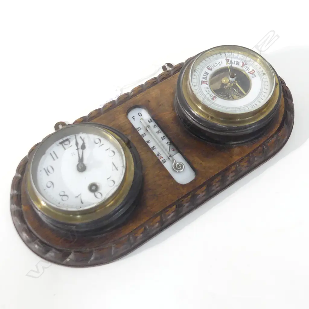 ANTIQUE OAK MOUNTED CLOCK & BAROMETER WEATHER STATION, L 380MM Image 1++