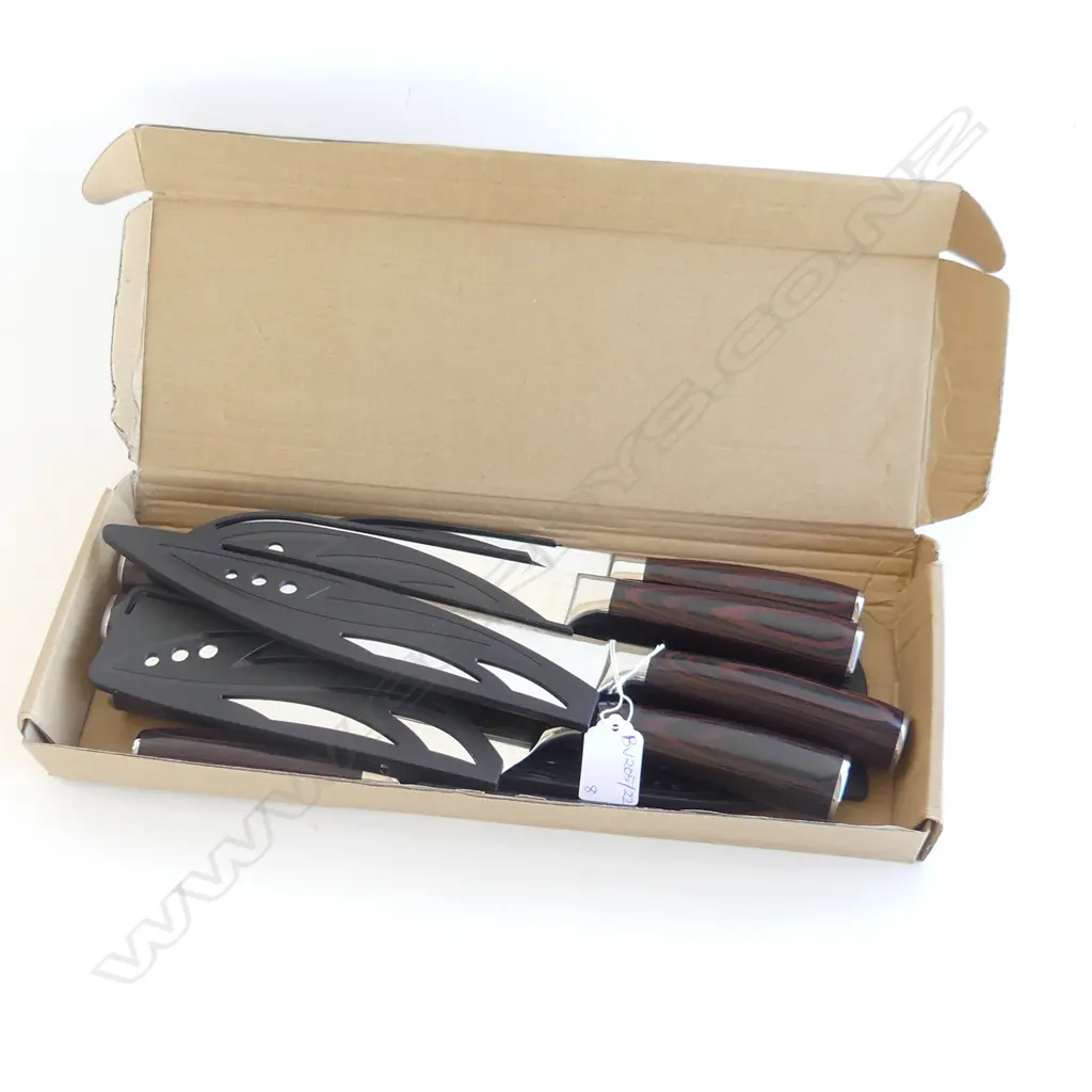 SET OF 8 JAPANESE CHEFS KNIVES w. LASER ETCHED DAMASCUS BLADE FINISH / EBONISED WOOD GRAIN HANDLES L.355mm Image 1++