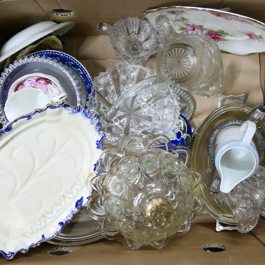 BOX LOT ASST. PRESSED GLASS, CHINA ETC Image 1++
