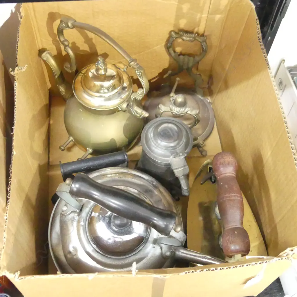 BOX ASST INCL BRASS IRON, PEWTER, SPIRIT KETTLE ETC... Image 1++