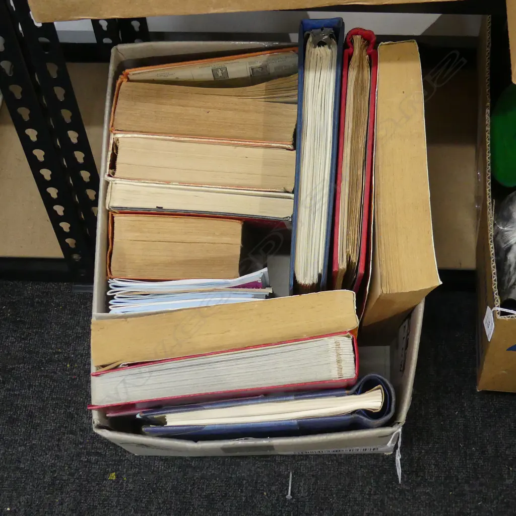 BOX LOT ASST. STANLEY GIBBONS CATALOGUES, WORLD STAMP ALBUMS ETC Image 1++