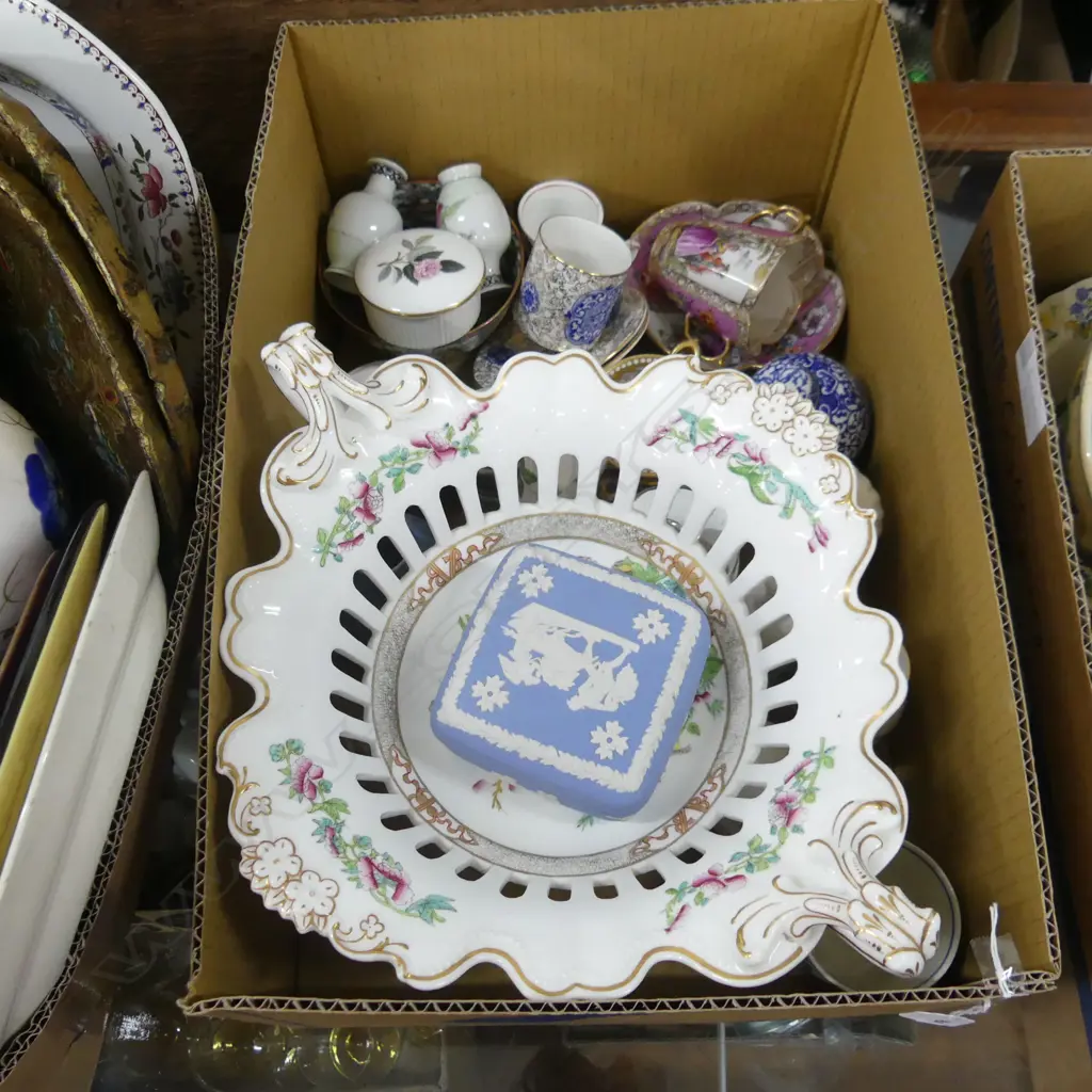BOX ASST CHINA ETC. INCL SEVRES C&S, ORIENTAL PCS, WW JASPERWARE, LG INDIAN TREE FOOTED DISH ETC.. Image 1++