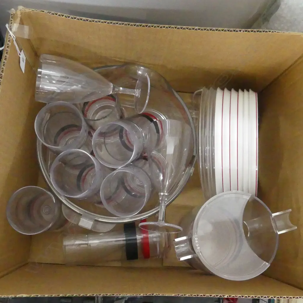 BOX LOT RETRO PLASTIC CUPS WINE GLASSES, BOWLS, PLATES, JUG ETC... Image 1++