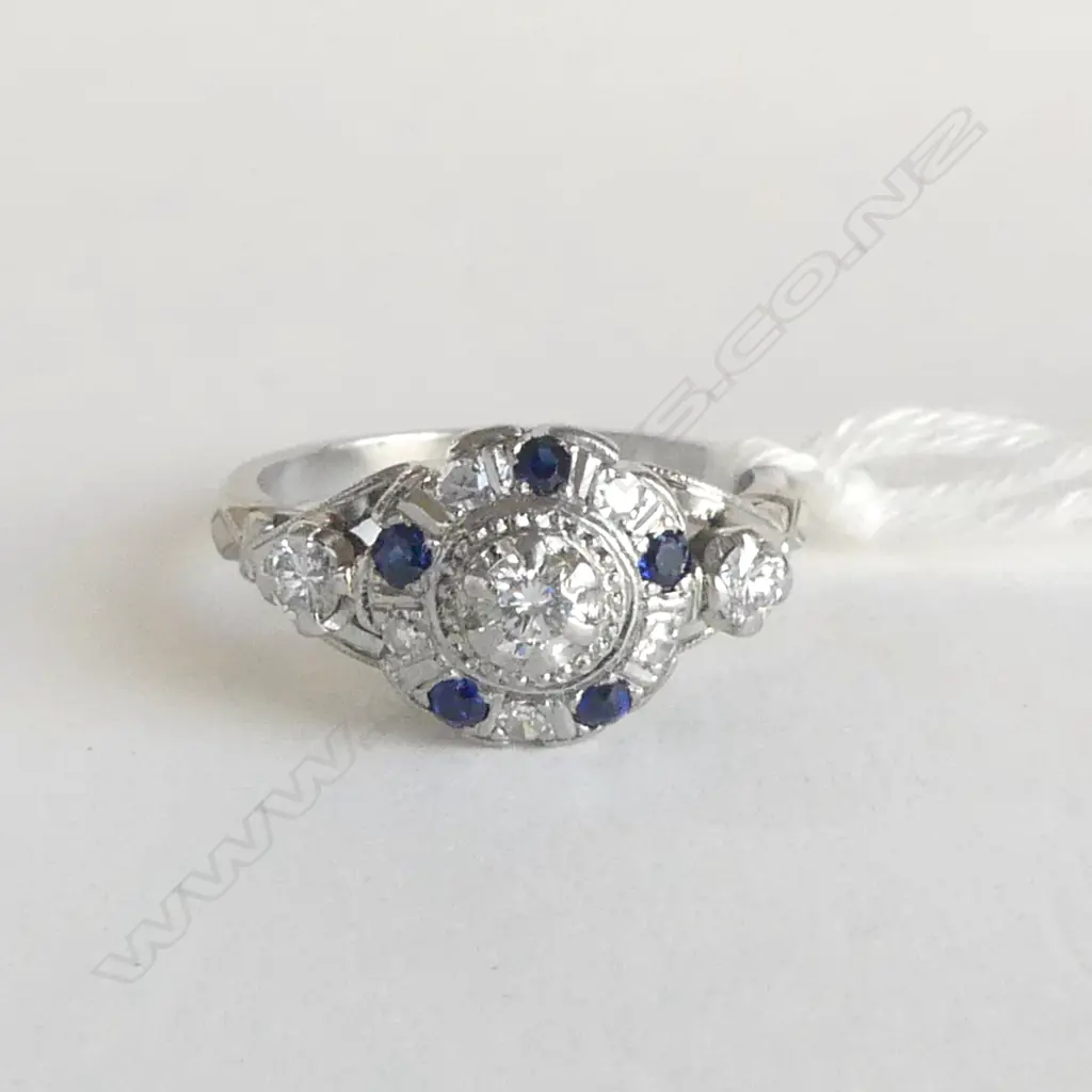 PALLADIUM SAPPHIRE & DIAMOND CLUSTER RING (20331) Image 1++