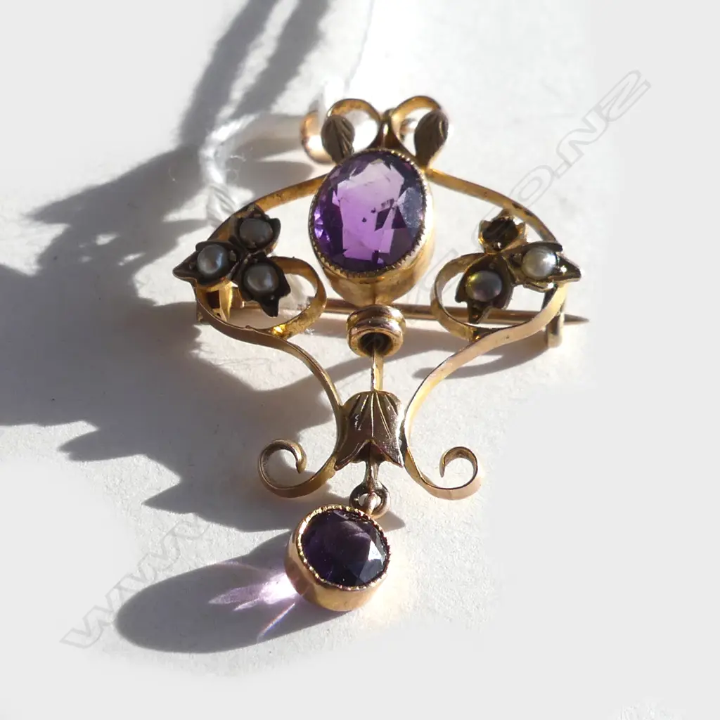 EDWARDIAN 9CT GOLD AMETHYST & SEED PEARL PENDANT BROOCH (20386) Image 1++