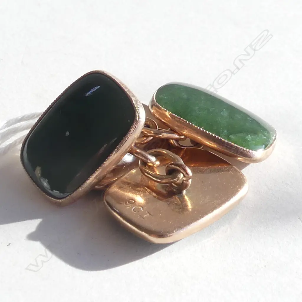 PR 9CT ROSE GOLD& POUNAMU VINTAGE CUFFLINKS (20725) Image 1++