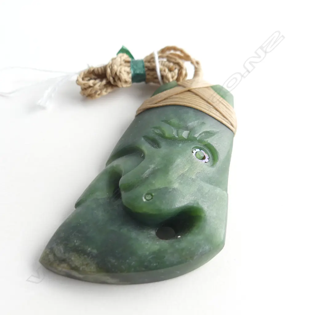 NZ POUNAMU (GREENSTONE) LG MANAIA TOKI PENDANT (L80MM) ON TAN WAXED ADJUSTABLE CORD Image 1++