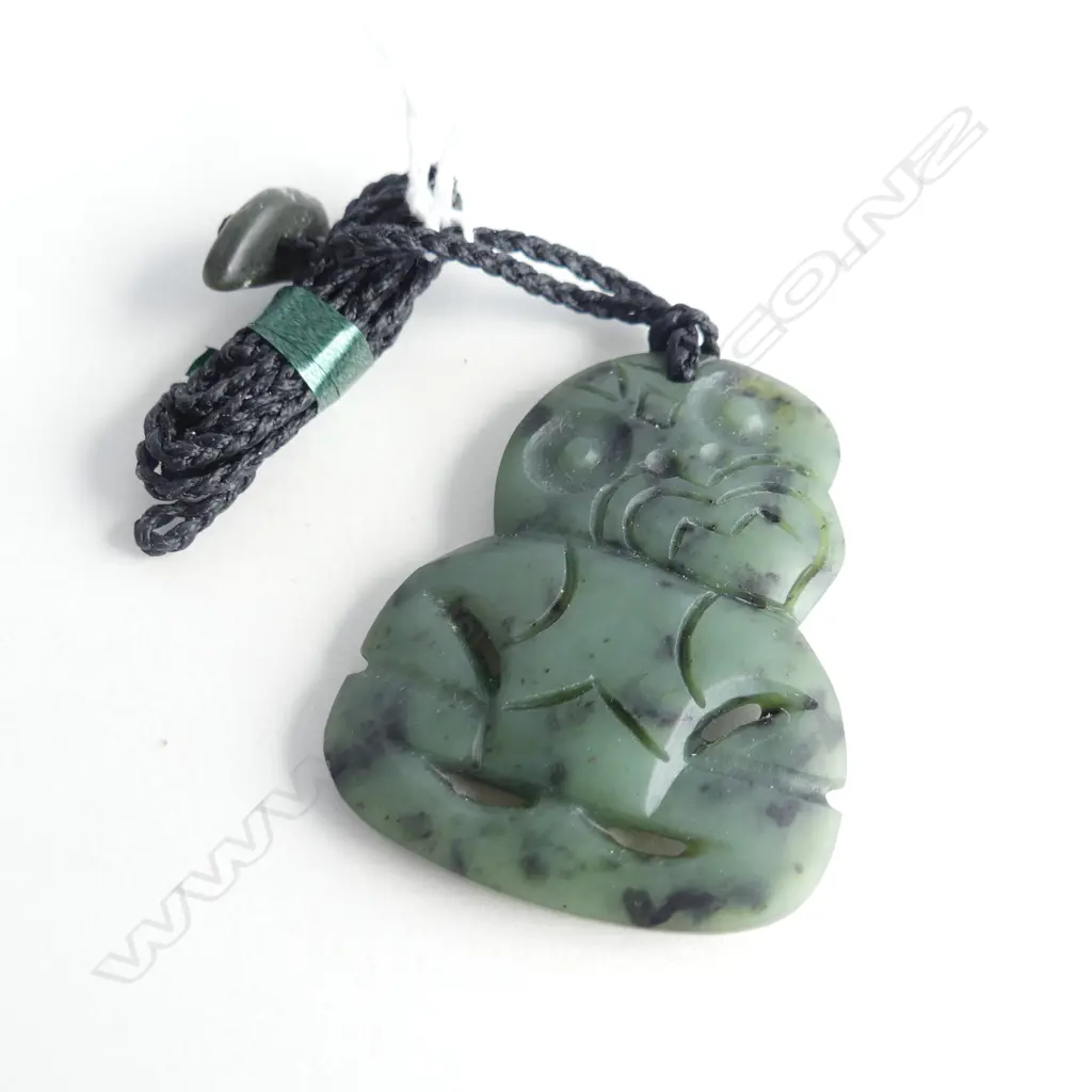 NZ POUNAMU (GREENSTONE) TIKI PENDANT (L55MM) ON BLACK WAXED ADJUSTABLE CORD Image 1++