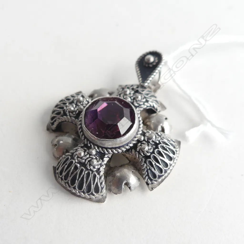 JERUSALEM CROSS PENDANT CANNETILLE WIRE WORK, STG SILVER & PURPLE STONE  Image 1++