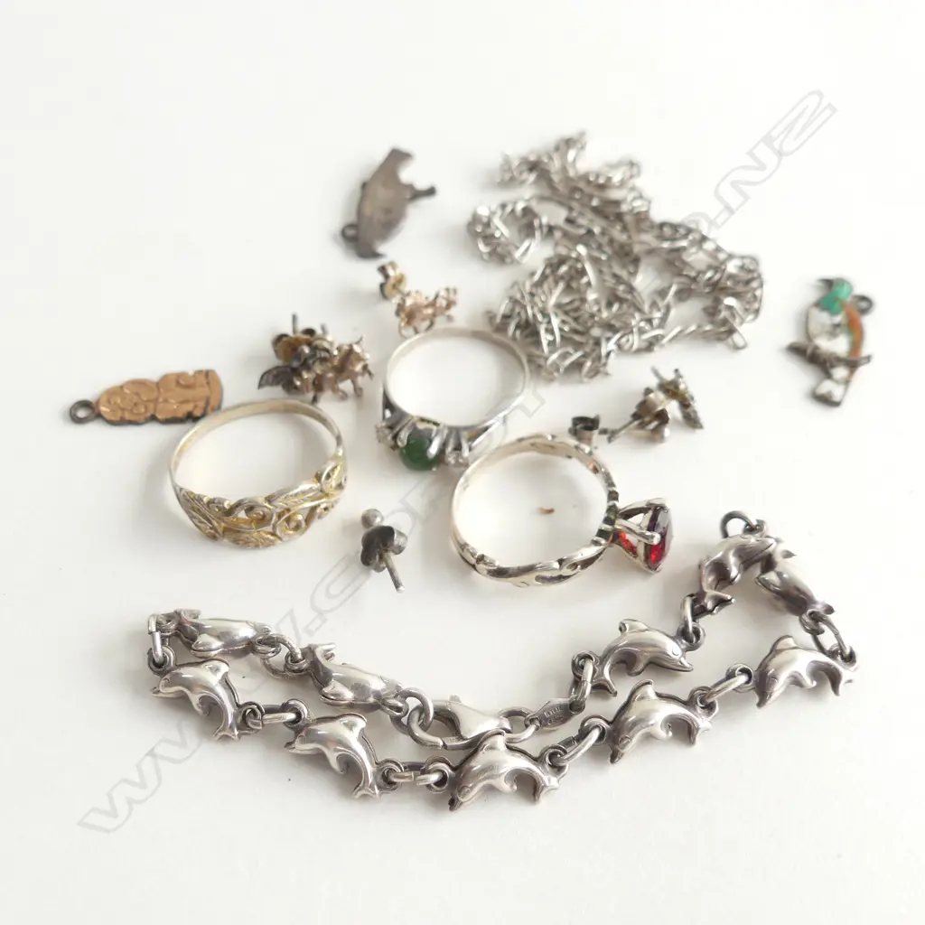 ASST SILVER JEWELLERY: DOLPHINS BRACELET + NECKLACE _ RINGS + earrings _ pr enamelled keruru etc Image 1++
